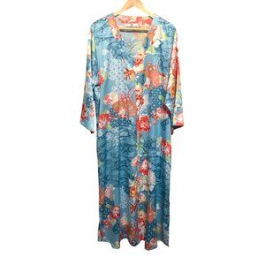 Natori Women's Kaftan Floral Kimono Vibrant Blue Multicolor Sz Large Boho Lounge
